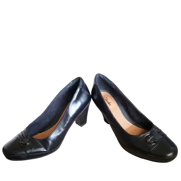 Clarks Artisan Shoes Womens Black 8.5 Pump Block Leather Heels Casual Office - Picture 5 of 10